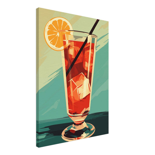 Leinwand „Sonnige Siesta“ mit orangefarbenem Retro-Cocktail mit Orangenscheibe vor mintgrünem Hintergrund, 50x70 cm