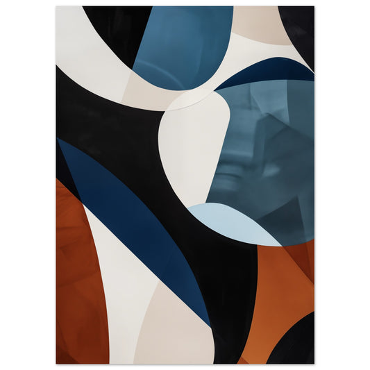 Poster „Vibrant Curves“ mit geschwungenen Flächen in Dunkelblau, Schwarz, Weiß und Rost, 13x18 cm