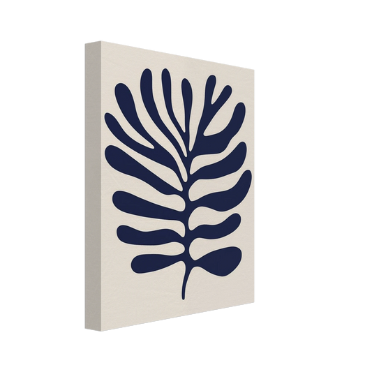 Leinwand „Marine Leaf No. 1“ mit dunkelblaues botanisches Blattmotiv im Matisse-Stil auf cremefarbenem Grund, 20x25 cm