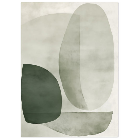 Poster „Klare Gedanken“, 13 × 18 cm, mit organischen Formen in Salbeigrün, Grau, Creme und Dunkelgrün