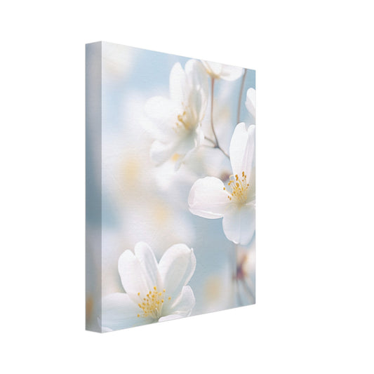 Leinwand „Zartes Erwachen“ mit helle weiße Blüten vor weich verschwommenem blau-cremefarbenem Hintergrund, 20x25 cm