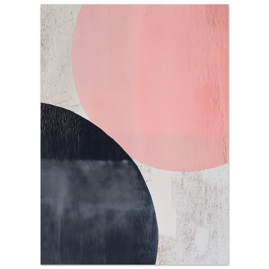 Poster „Geometrische Harmonie“ mit abstrakte Komposition mit großem rosa Kreis und dunkler Kurvenform auf hellem Grund, 13x18 cm