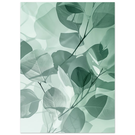 Poster „Eukalyptus-Träume“ mit abstrakte Eukalyptusblätter in überlagerten Mint- und Salbeigrün, 13x18 cm