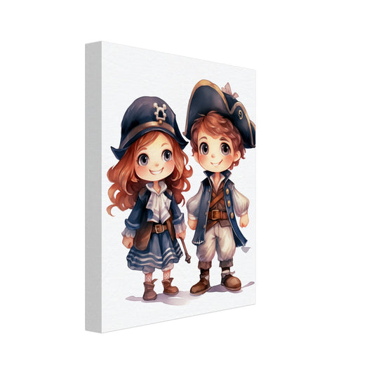 Leinwand „Kapitänin Clara und Erster Maat Max“ mit zwei niedliche Piratenkinder mit Hüten und Kostümen auf hellem Grund, 20x25 cm