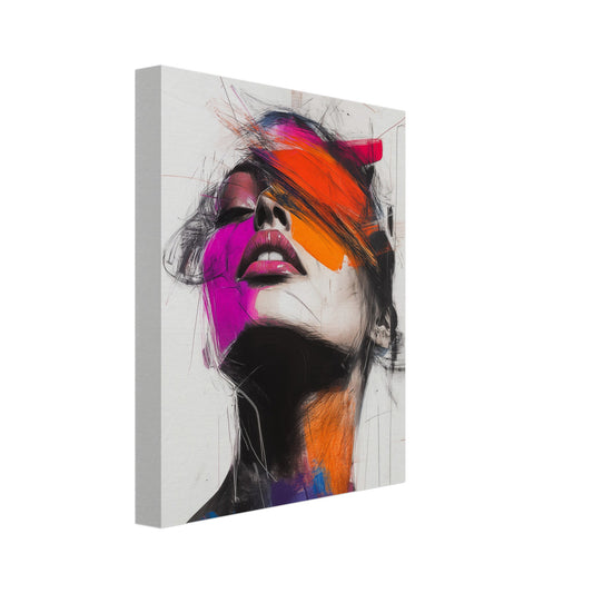 Leinwand „Abstrakte Farbexplosion“ mit expressivem Frauenporträt in Pink, Orange, Schwarz und Grau, 20 × 25 cm