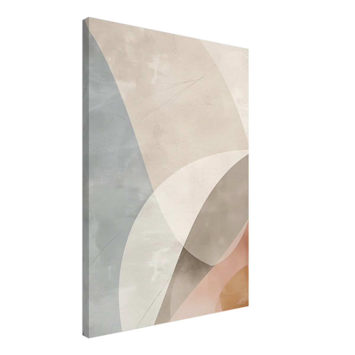 Leinwand „Geometrische Abstraktion“ mit sanfte geometrische Bögen und Flächen in Beige, Grau, Creme und Apricot, 50x70 cm