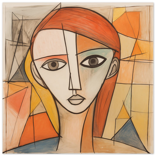 Poster „Fragmentierte Wahrnehmung“ mit kubistisches Frauenporträt mit orangefarbenem Haar und geometrischen Flächen, 25x25 cm