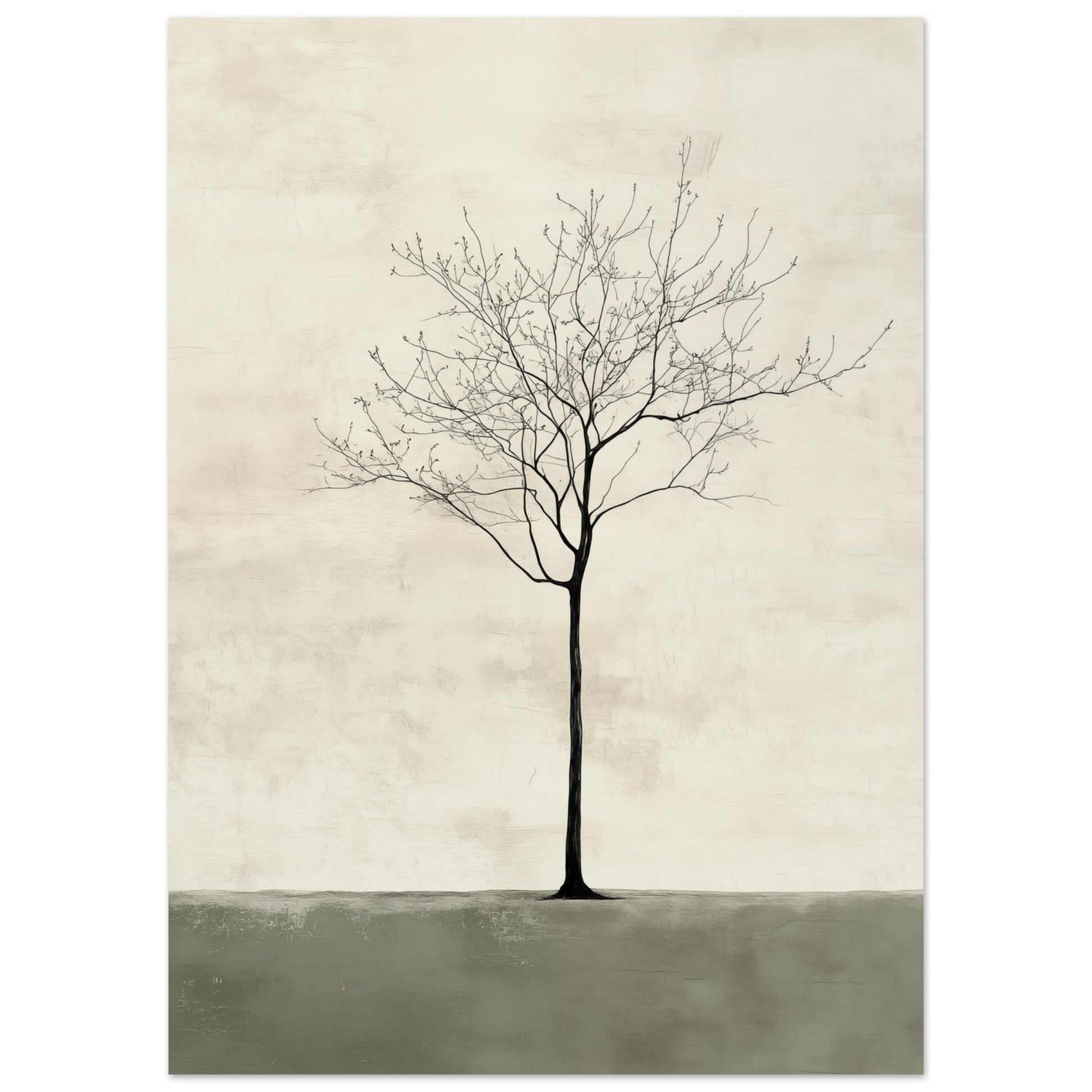 Poster „Einsamer Baum“ mit einsamer kahler Baum auf ruhigem creme-salbeigrünem Hintergrund, 50x70 cm