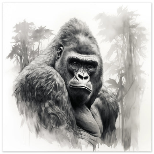 Poster „Grübelnder König“ mit Silberrücken-Gorilla mit nebliger Waldlandschaft in Grau und Schwarz, 25x25 cm