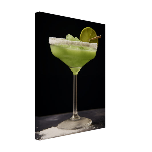 Leinwand „Grüne Versuchung“ mit grüner Margarita-Cocktail im Stielglas mit Limettenscheibe auf schwarzem Hintergrund, 30x40 cm