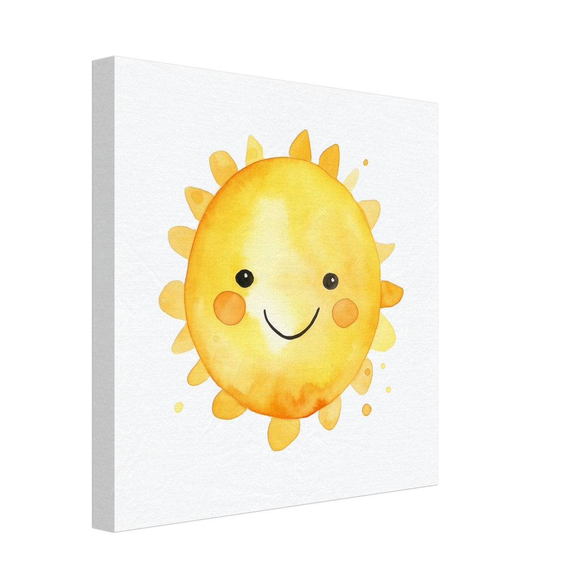 Leinwand „Sunny, die Sonne“ mit niedlicher lächelnder gelber Sonne auf weißem Grund, 30x30 cm