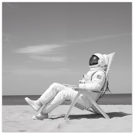 Poster „Ruhepause im All“ mit Astronaut im Liegestuhl auf karger Mondlandschaft in Schwarzweiß, 25x25 cm