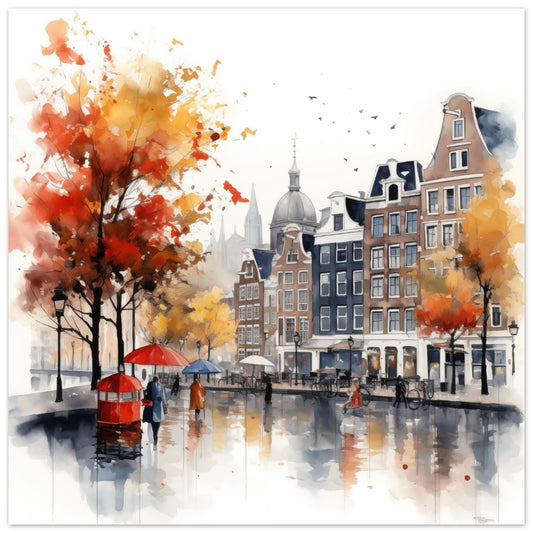 Poster „Kanal im Herbst“ mit herbstlicher Kanalszene mit historischen Häusern in Aquarelloptik, 25x25 cm