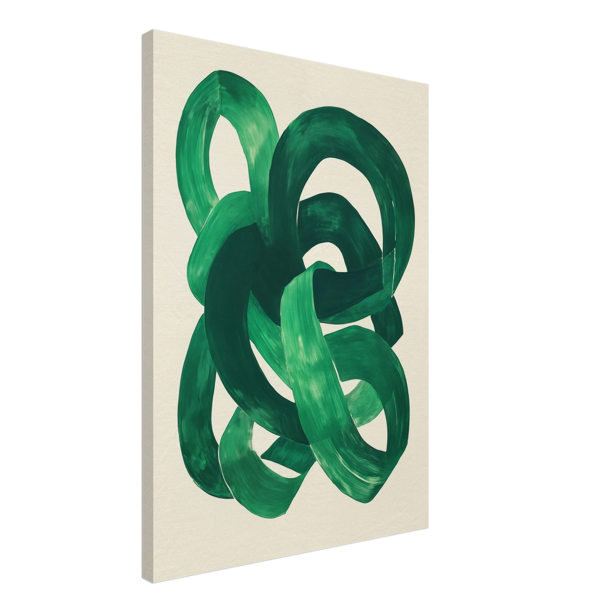 Leinwand „Verschlungene grüne Pinselstriche“ mit verschlungene grüne Pinselstriche als abstrakte Schleifen auf hellem Grund, 50x70 cm