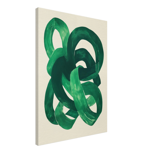 Leinwand „Verschlungene grüne Pinselstriche“ mit verschlungene grüne Pinselstriche als abstrakte Schleifen auf hellem Grund, 50x70 cm