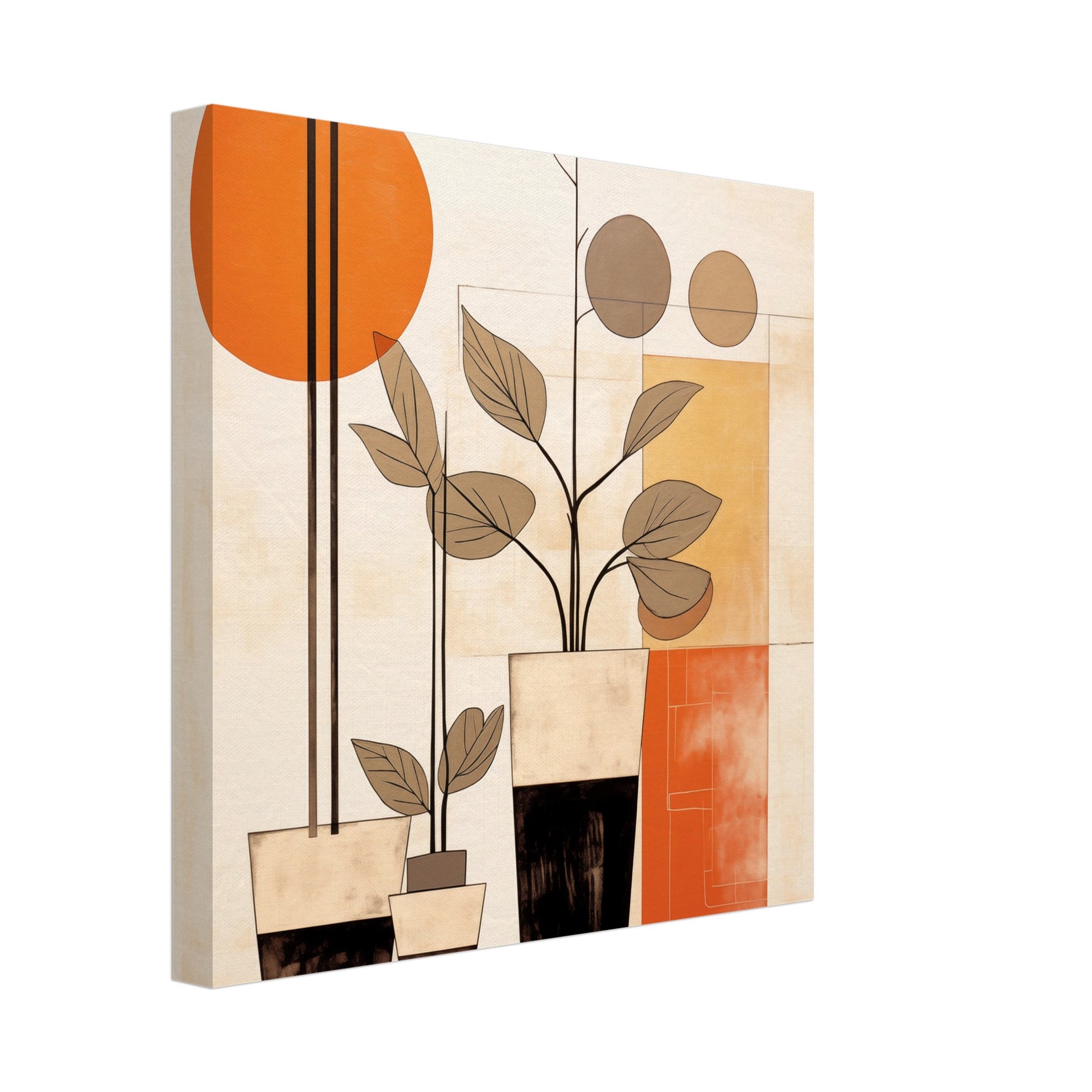 Leinwand „Silhouetten im Sonnenuntergang“ mit geometrischer botanischer Komposition mit orangefarbener Sonne, 30x30 cm