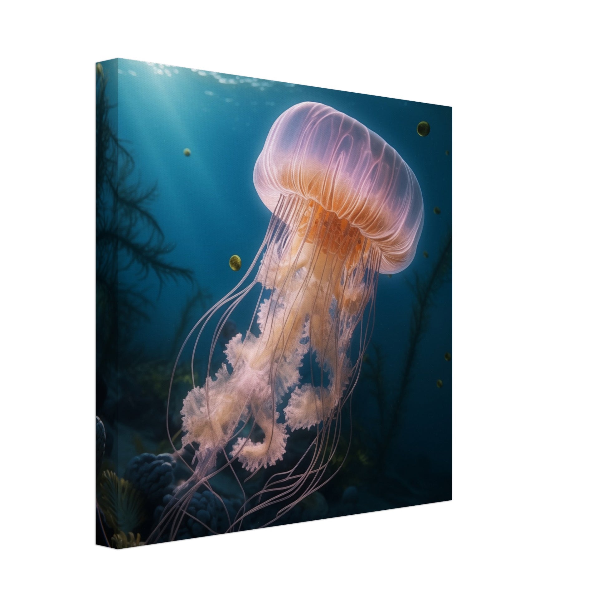 Leinwand „Tanz der Tiefsee“ mit leuchtender Qualle im tiefblauen Meer, 30x30 cm
