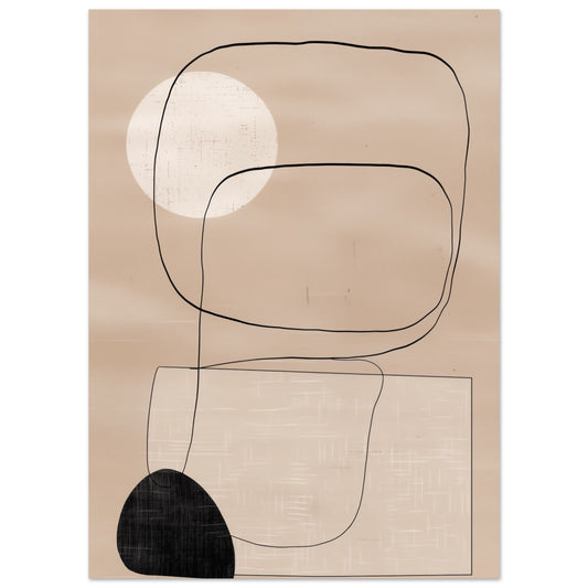 Poster „Japandi Geometrie“ mit minimalistische Japandi-Geometrie mit geschwungenen schwarzen Linien, Kreis und dunkler Fläche, 13x18 cm