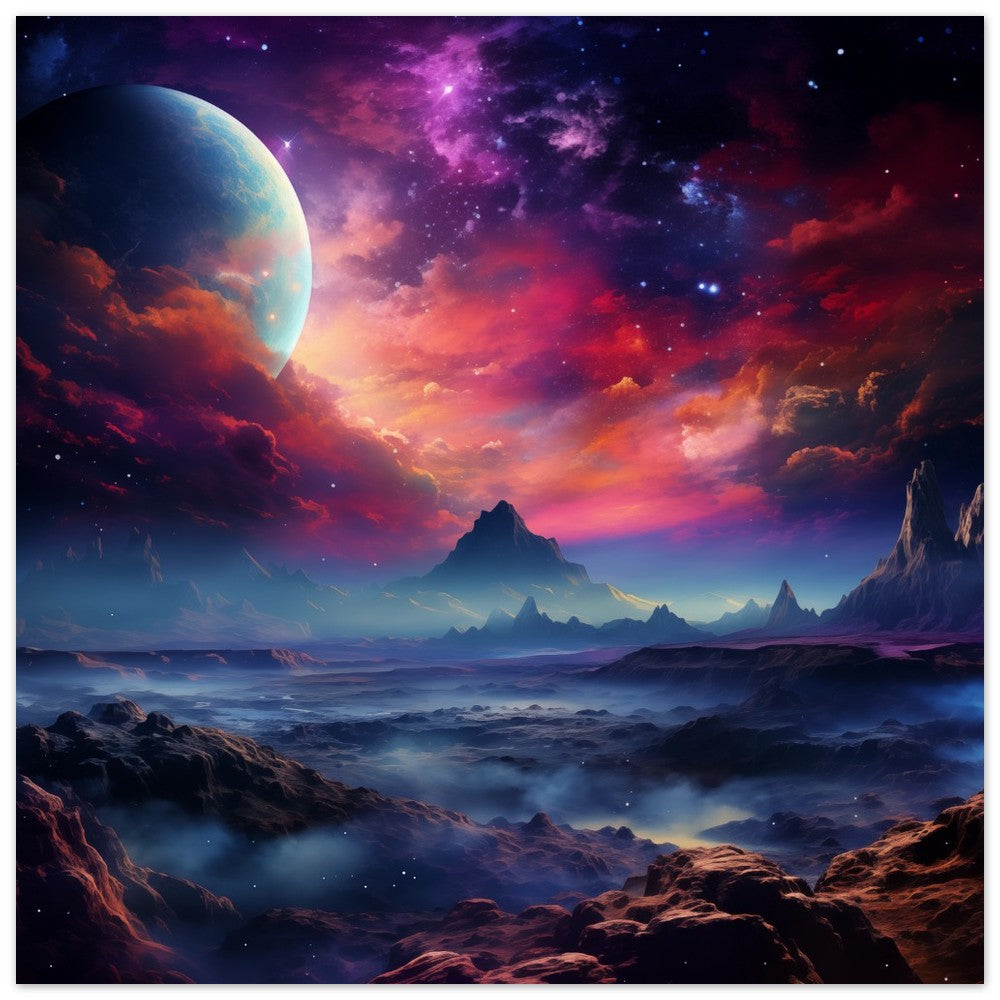 Wandbild „Kosmische Serenade“ mit kosmischer Meereslandschaft mit Planeten und violett-orangefarbenem Himmel, 30x30 cm