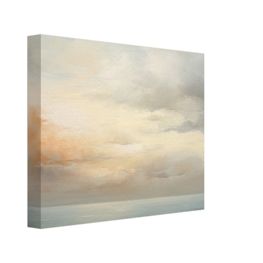 Leinwand „Leuchtender Horizont“ mit ruhiger abstrakter Horizont mit weichem Himmel und Meer in Creme und Apricot, 20x25 cm