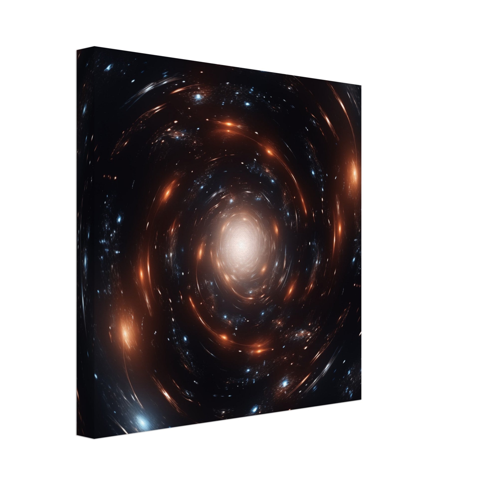 Leinwand „Orion, Wanderer des Kosmos“ mit spiralförmige Galaxie mit leuchtendem Zentrum in Schwarz, Orange und Weiß, 30x30 cm