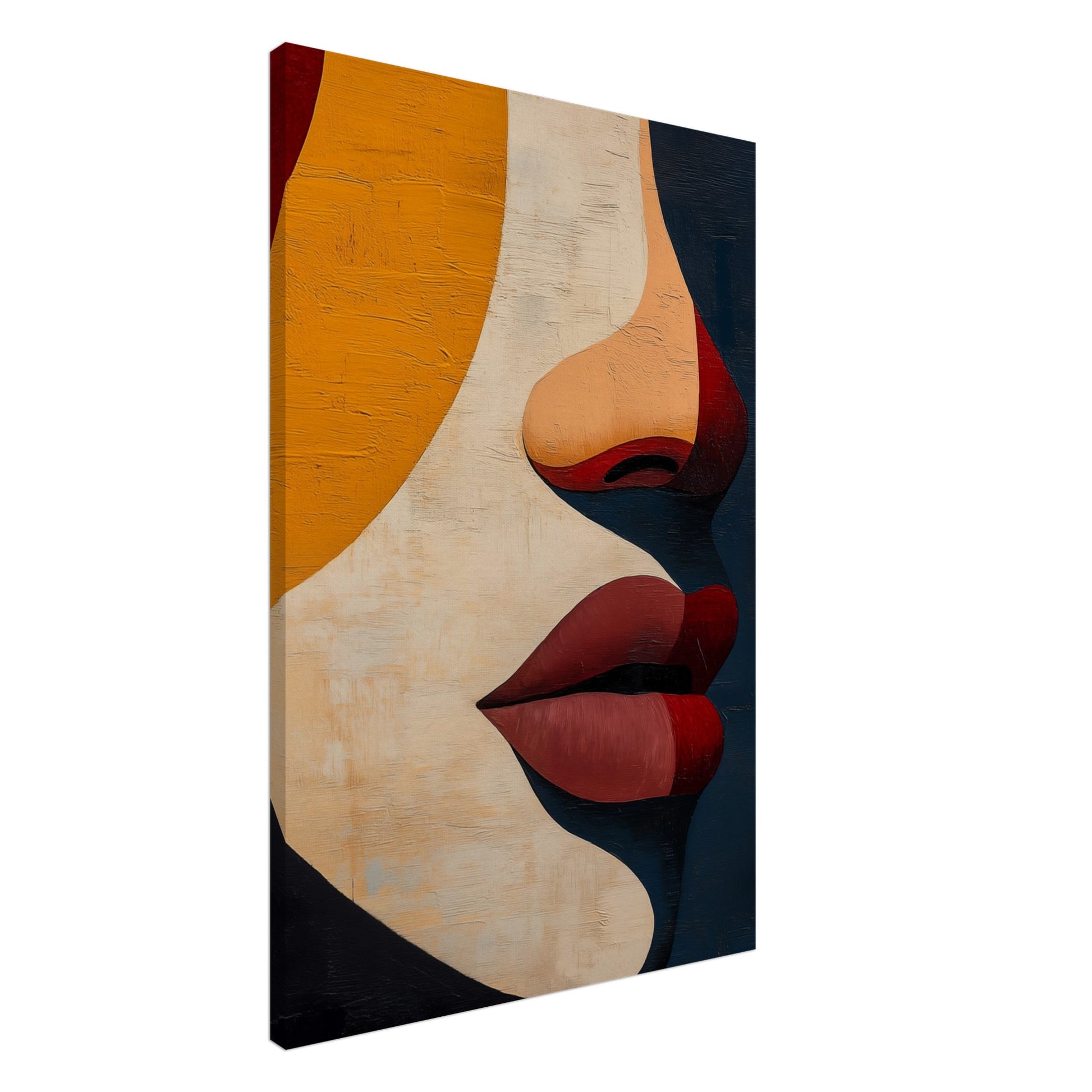 Leinwand „Abstrakte Geometrie eines Gesichts“ mit kubistischem Gesicht in Beige, Senfgelb, Bordeaux und Schwarz, 60 × 90 cm