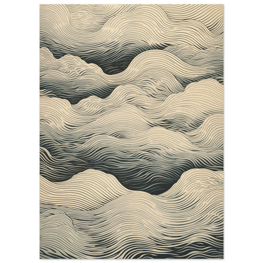 Poster „Whispering Tides“ mit grafischen Wellenlinien in Creme, Sand und dunklem Grau, 13x18 cm