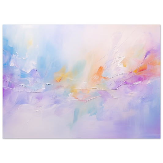 Poster „Tanz der Töne“ mit sanfte abstrakte Farbwolken in Pastellblau, Rosa, Flieder und Gelb, 13x18 cm