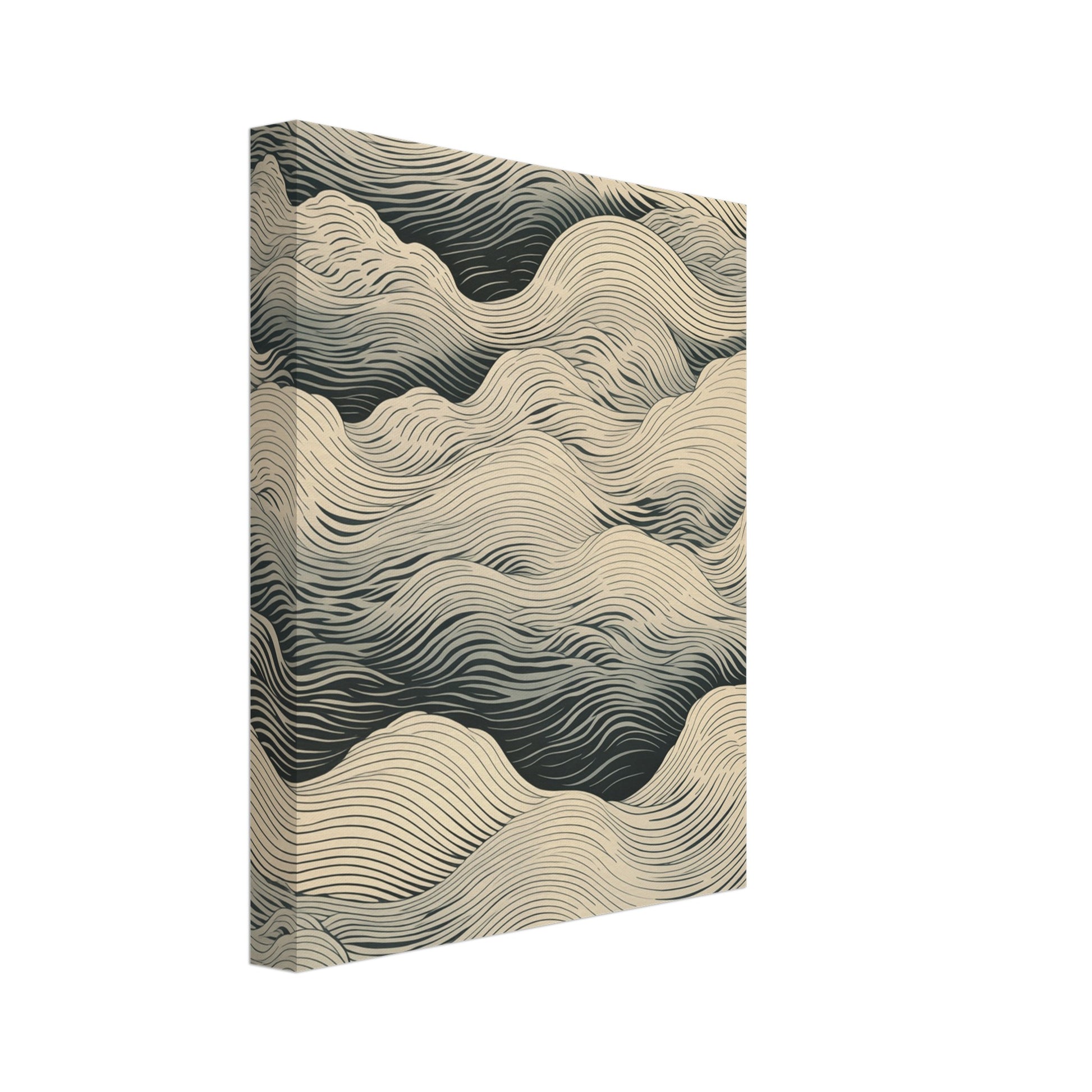 Leinwand „Whispering Tides“ mit grafischen Wellenlinien in Creme, Sand und dunklem Grau, 20x25 cm