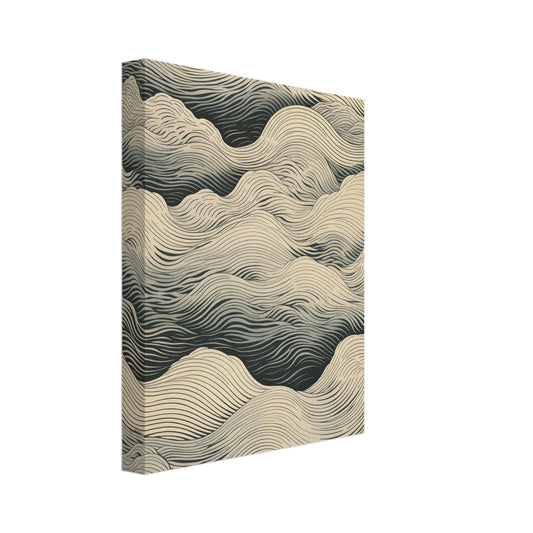Leinwand „Whispering Tides“ mit grafischen Wellenlinien in Creme, Sand und dunklem Grau, 20x25 cm