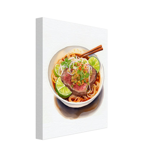 Leinwand „Wasserfarben-Pho“ mit Pho mit Nudeln, Kräutern, Limette, Fleisch und Essstäbchen, 20x25 cm