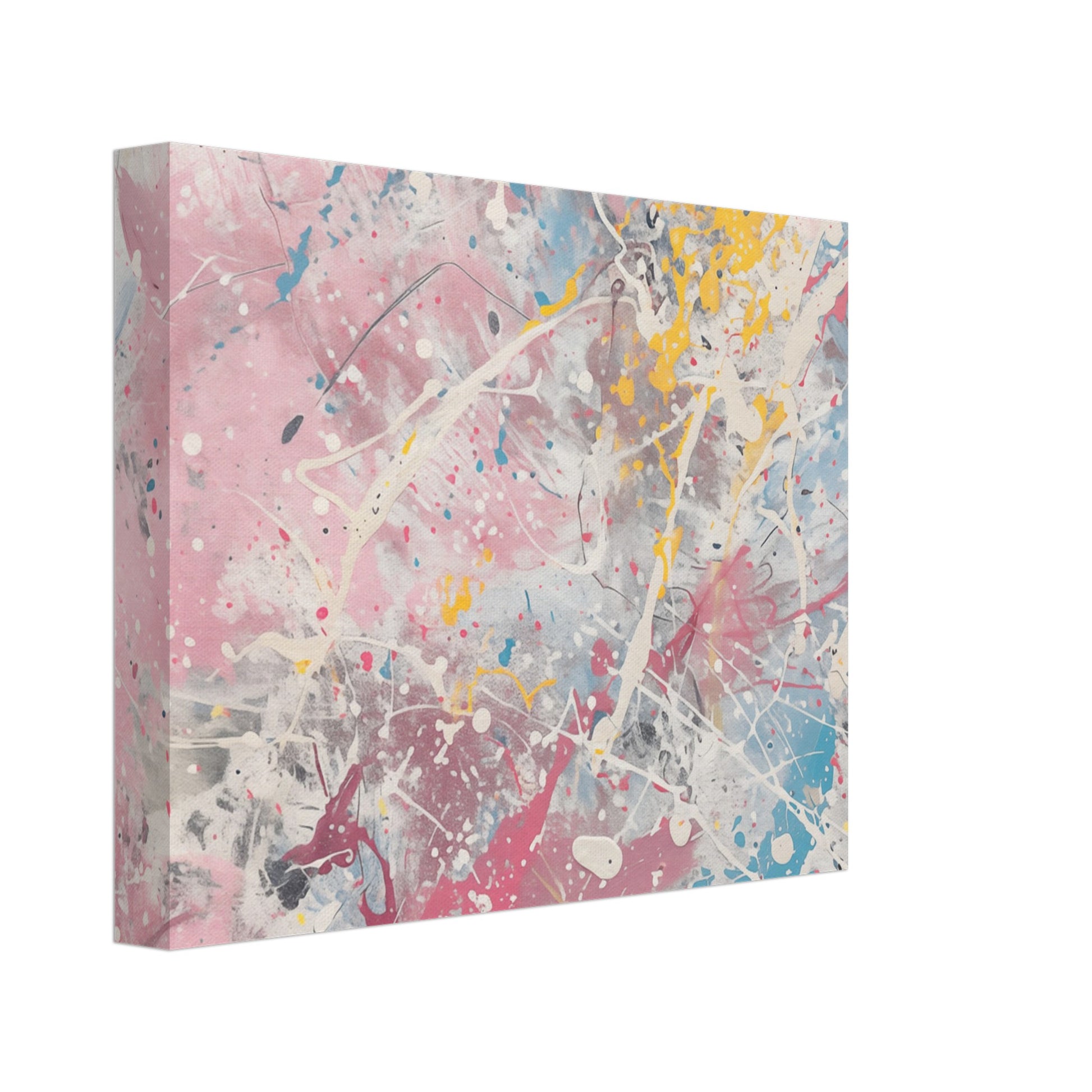 Leinwand „Frühlingsrauschen“ mit abstrakte Frühlingsfarben als dynamische Spritzer in Rosa, Hellblau, Gelb und Weiß, 20x25 cm