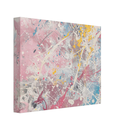 Leinwand „Frühlingsrauschen“ mit abstrakte Frühlingsfarben als dynamische Spritzer in Rosa, Hellblau, Gelb und Weiß, 20x25 cm