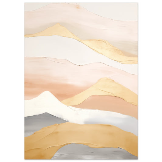 Poster „Serenity Dunes“ mit geschichteten Dünenformen in Creme, Apricot, Gold und Grau, 13x18 cm