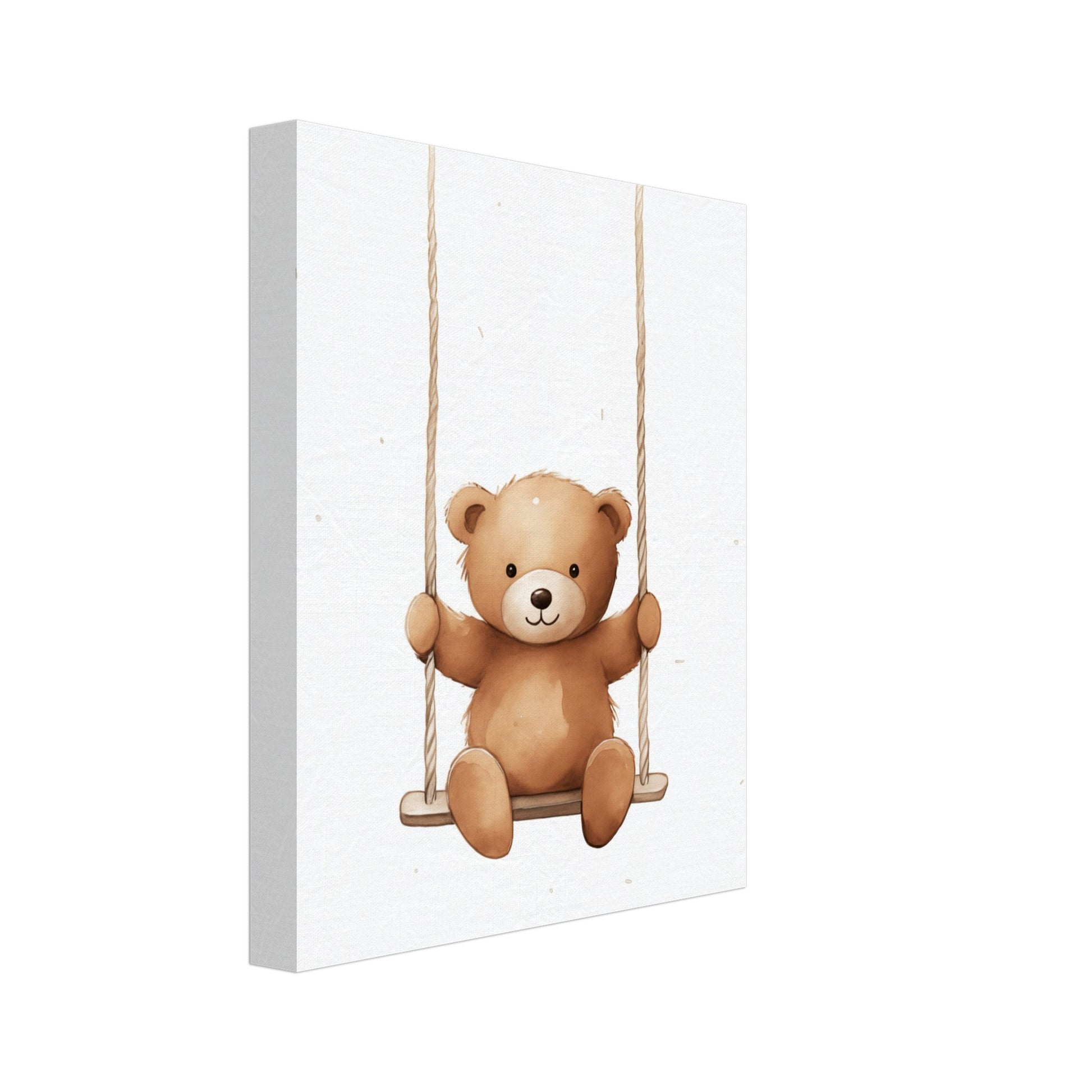 Leinwand „"Swingy", der kleine Bär“ mit niedlichem braunem Teddybär auf einer Schaukel, 20x25 cm