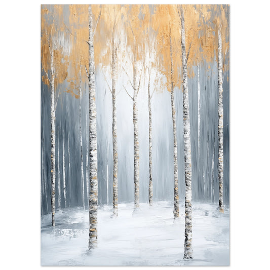 Poster „Goldene Birken im Nebel“ mit Birkenstämmen im Nebel mit goldenen und graublauen Akzenten, 13x18 cm