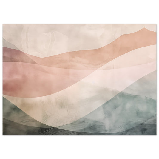 Poster „Wellen der Stille“ mit abstrakter Wellenlandschaft in Altrosa, Creme, Grau und Grün, 13x18 cm