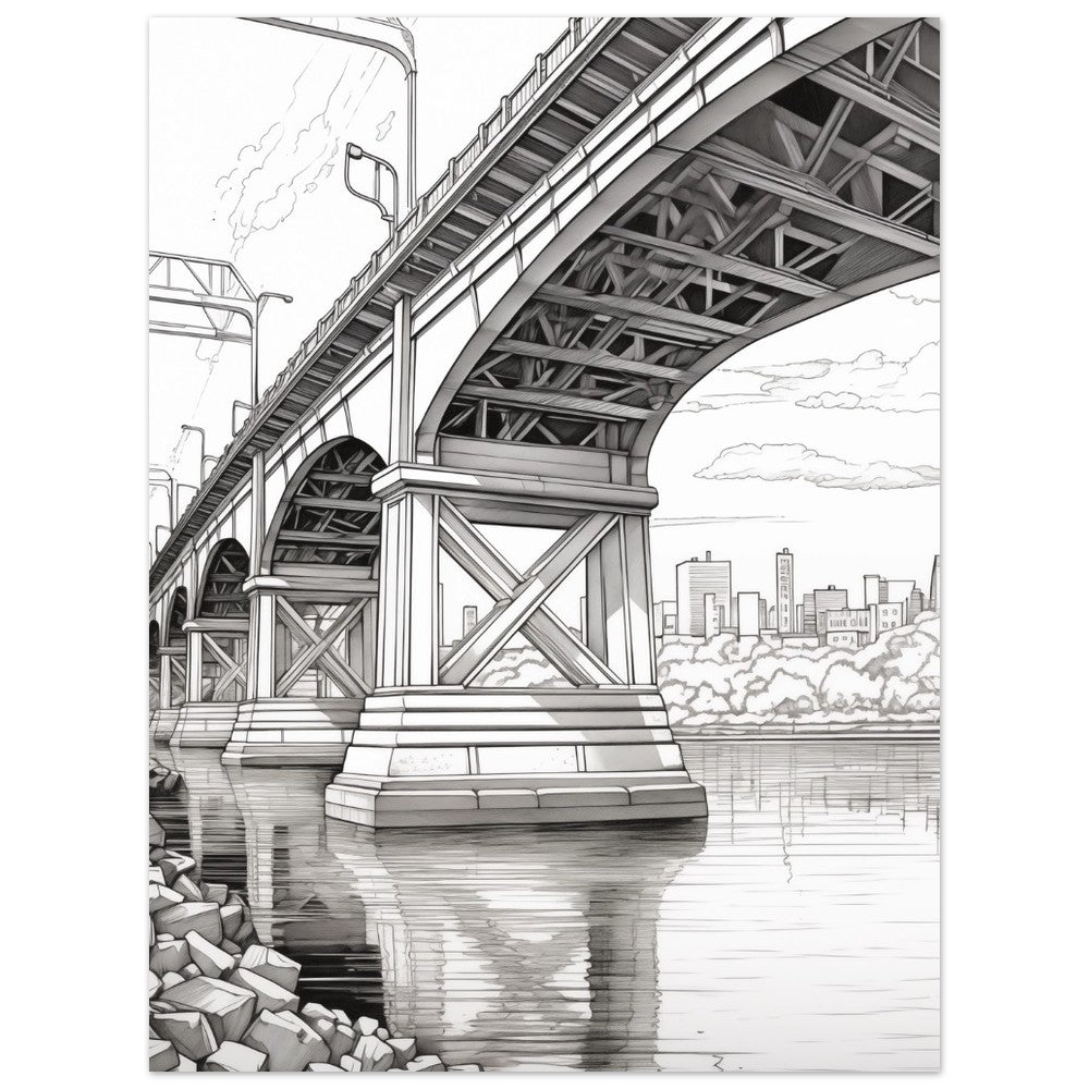 Wandbild „Architektonische Symphonie“ mit filigraner Schwarzweiß Zeichnung einer Stahlbrücke am Fluss, 30 × 40 cm