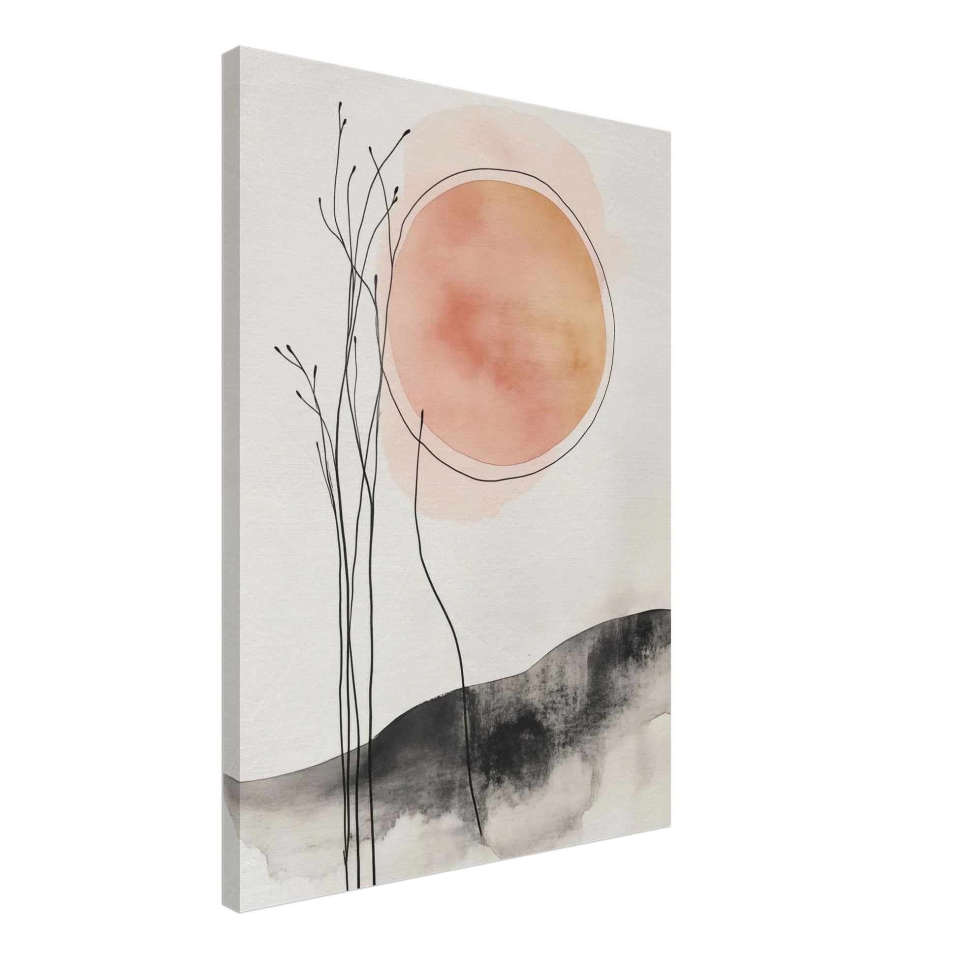 Leinwand „Sonnenaufgang in Stille“, 50 × 70 cm, mit warmem Sonnenkreis und feinen Zweigen über schwarzer Aquarelllandschaft