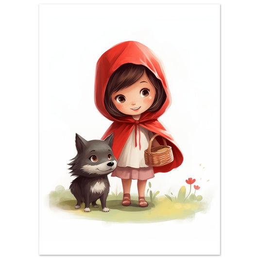 Poster „Ruby im Zauberwald“ mit Mädchen mit roter Kapuze und grauem Wolf, 13x18 cm
