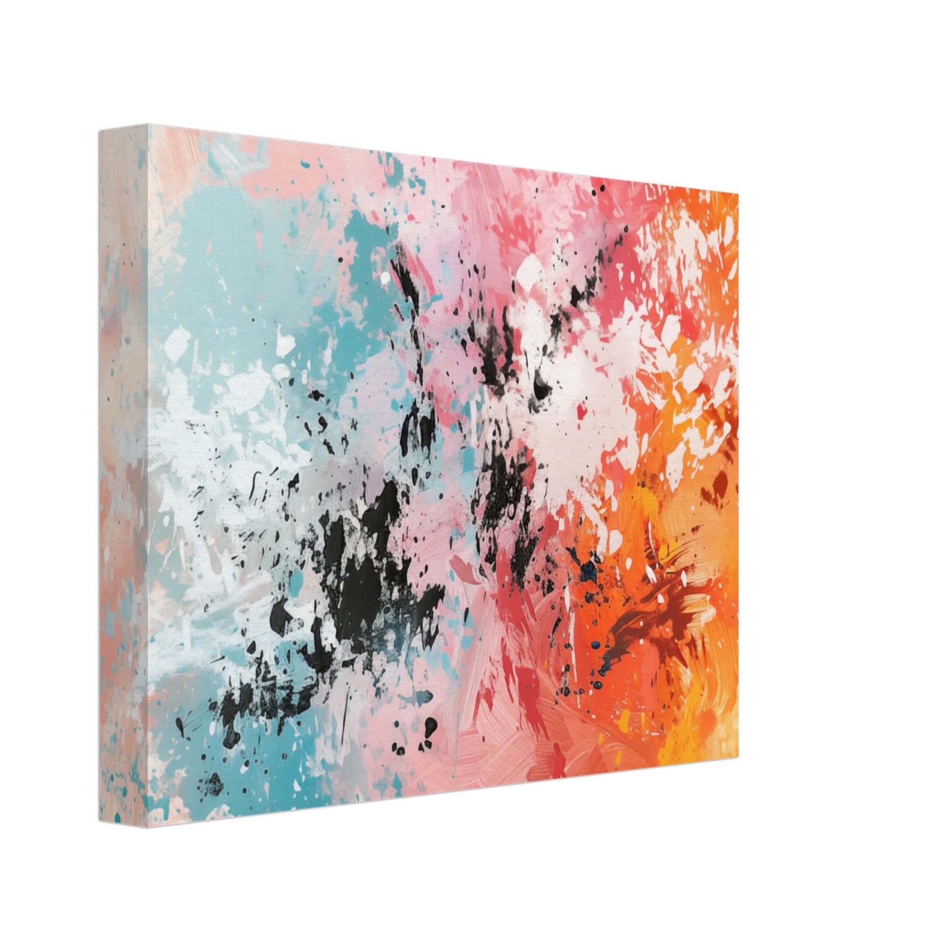 Leinwand „Farbvielfalt“ mit abstrakte Farbspritzer in Orange, Rosa, Türkis, Schwarz und Weiß, 20x25 cm