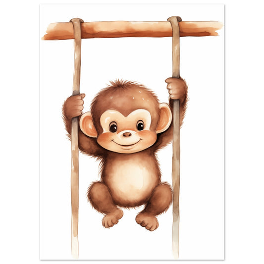 Poster „Chip“ mit niedlicher brauner Cartoon Affe, die an einer Holzstange hängt, Format 13 × 18 cm