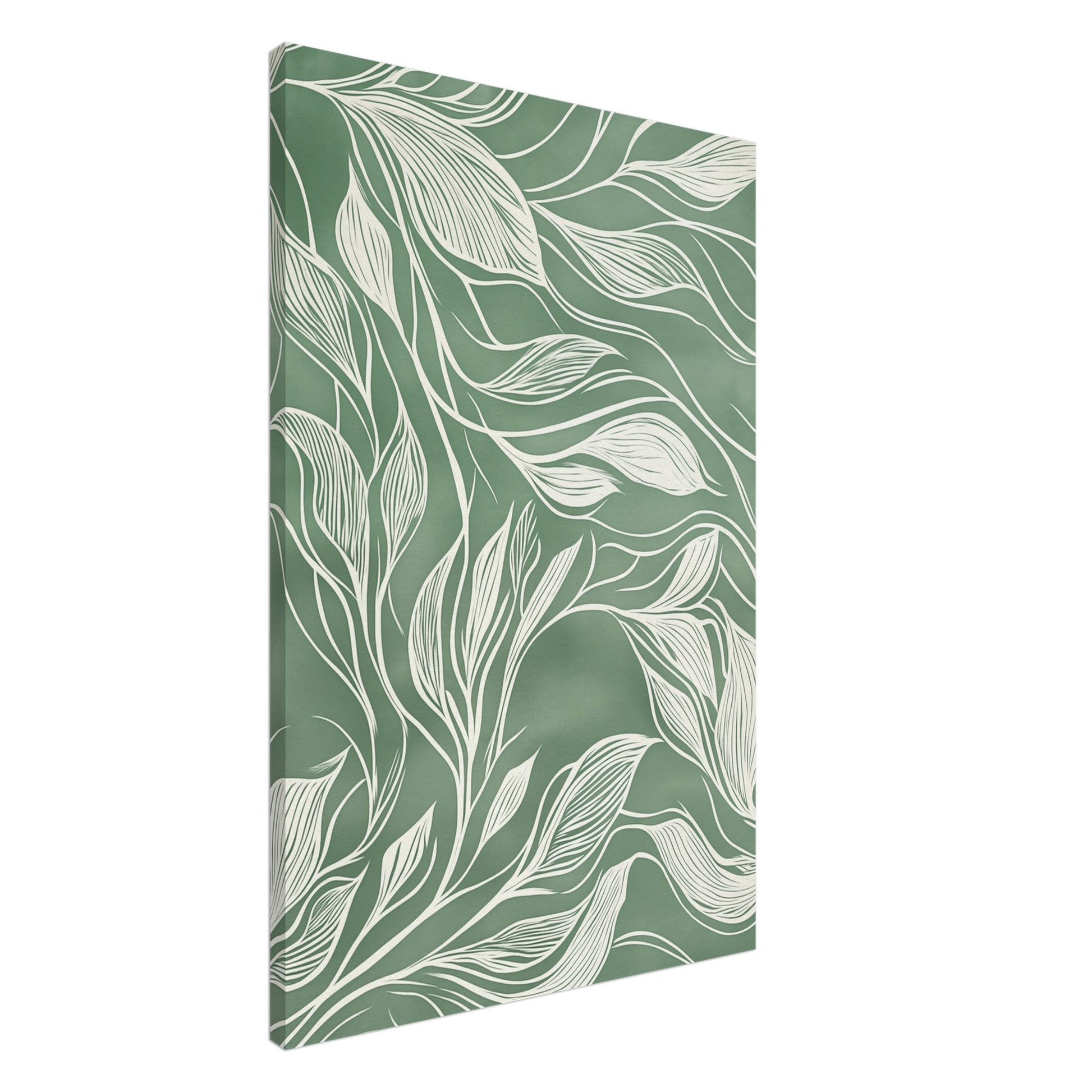 Leinwand „Fließende Eleganz , Abstrakte botanische Linienkunst“ mit weiße botanische Blätterlinien auf salbeigrünem Hintergrund, 60x90 cm