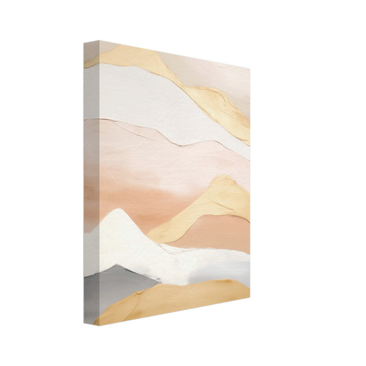 Leinwand „Serenity Dunes“ mit geschichteten Dünenformen in Creme, Apricot, Gold und Grau, 20x25 cm