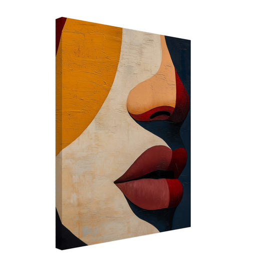 Leinwand „Abstrakte Geometrie eines Gesichts“ mit kubistischem Gesicht in Beige, Senfgelb, Bordeaux und Schwarz, 40 × 50 cm