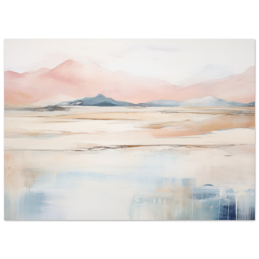 Poster „Aeolian Harmony“ mit sanfter abstrakter Landschaft in Rosé, Sand, Creme und Hellblau, 13 × 18 cm
