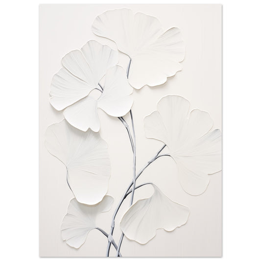 Poster „Ginko-Relief“ mit weiße Ginkgoblätter als feines botanisches Relief auf hellem Hintergrund, 13x18 cm