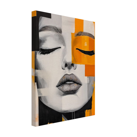 Leinwand „Zerbrochene Harmonie“ mit kubistischem Frauenporträt in Schwarz, Grau, Creme und Orange, 30x40 cm
