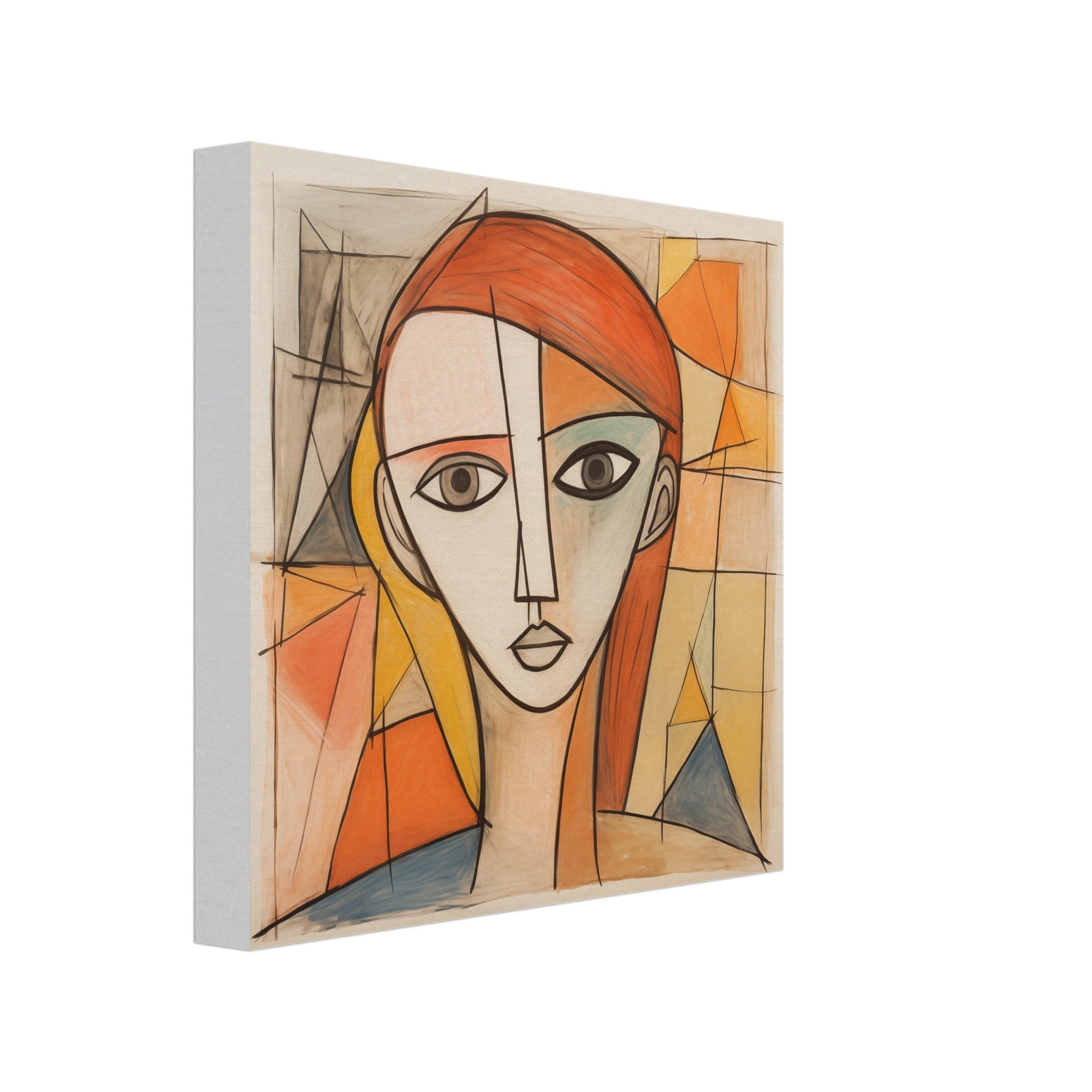 Leinwand „Fragmentierte Wahrnehmung“ mit kubistisches Frauenporträt mit orangefarbenem Haar und geometrischen Flächen, 20x20 cm