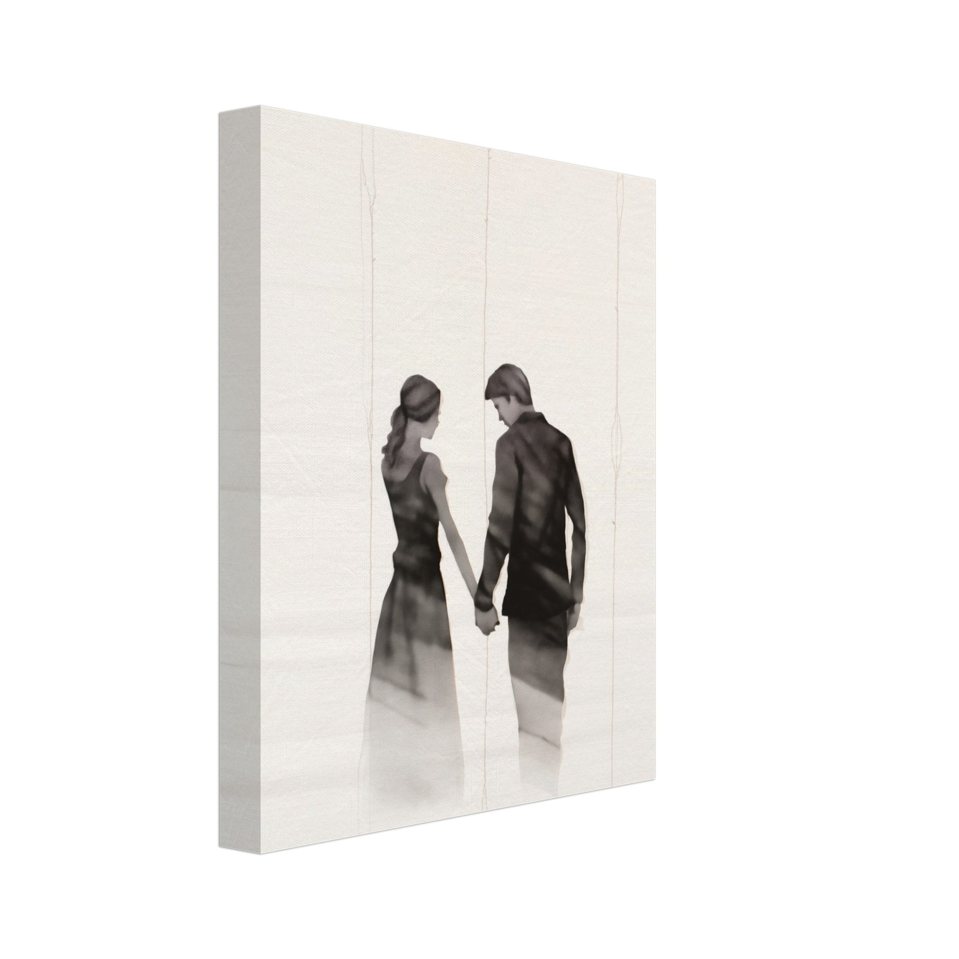 Leinwand „Verschmelzende Schatten“ mit zwei verschmelzenden Silhouetten in heller Nebelszene, 20x25 cm